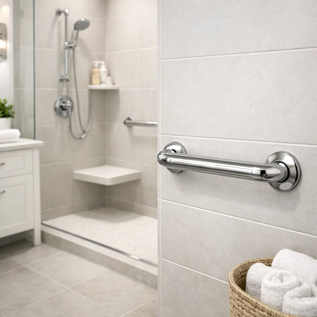 Secure chrome grab bar installed in a modern bathroom to enhance home safety and prevent falls.