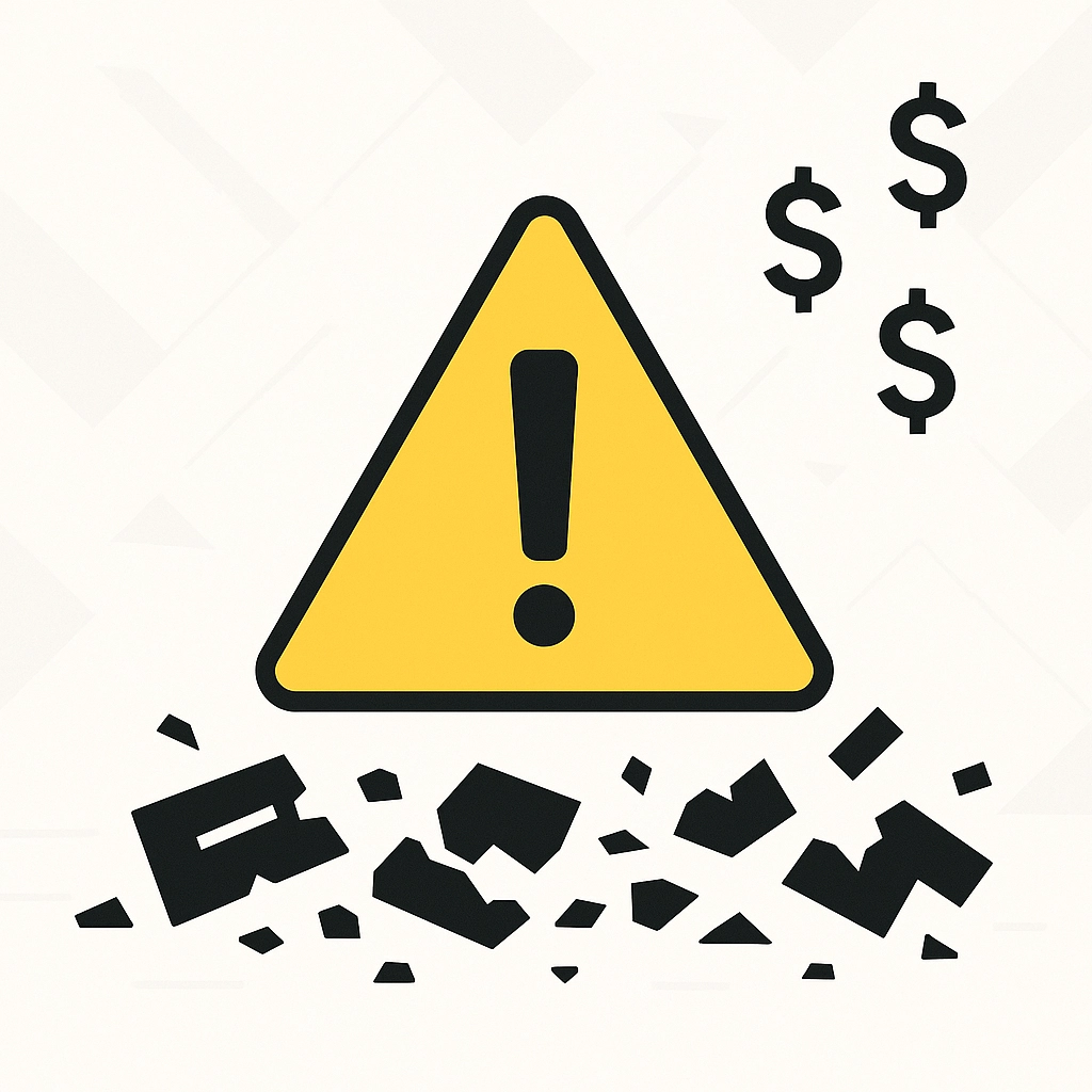 Yellow warning triangle with exclamation mark above shattered pieces. Dollar signs in background, suggesting financial caution.