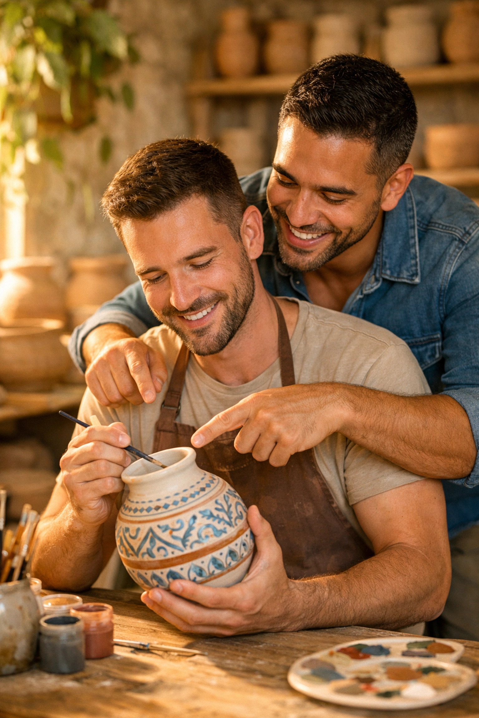 Two gay men bonding over pottery in a sunlit studio, showcasing the joy of queer hobbies and community building.