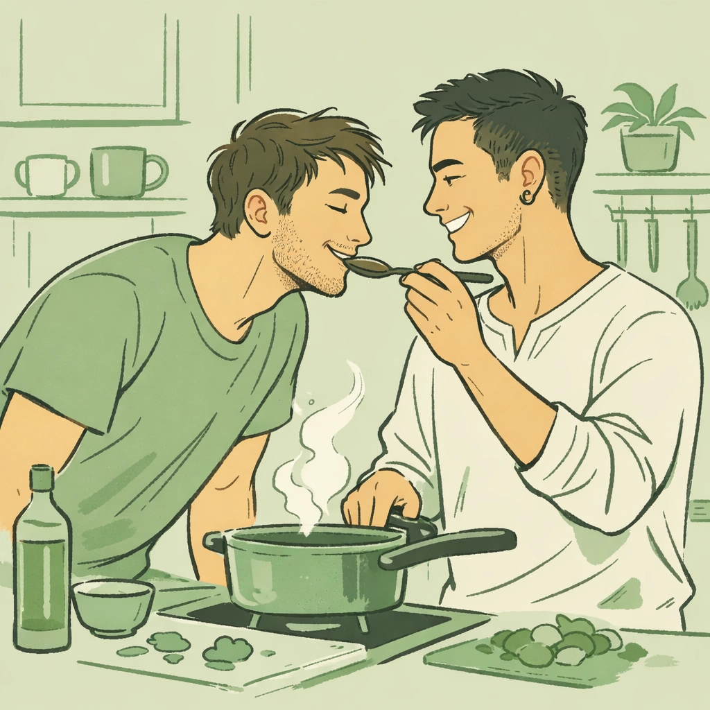 Illustration of a gay couple sharing household roles, highlighting equality in modern MM romance.