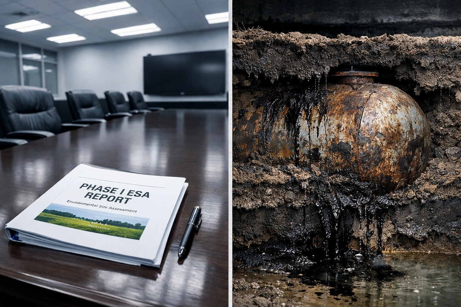 Phase I ESA report contrasted with hidden underground storage tank contamination in soil layers