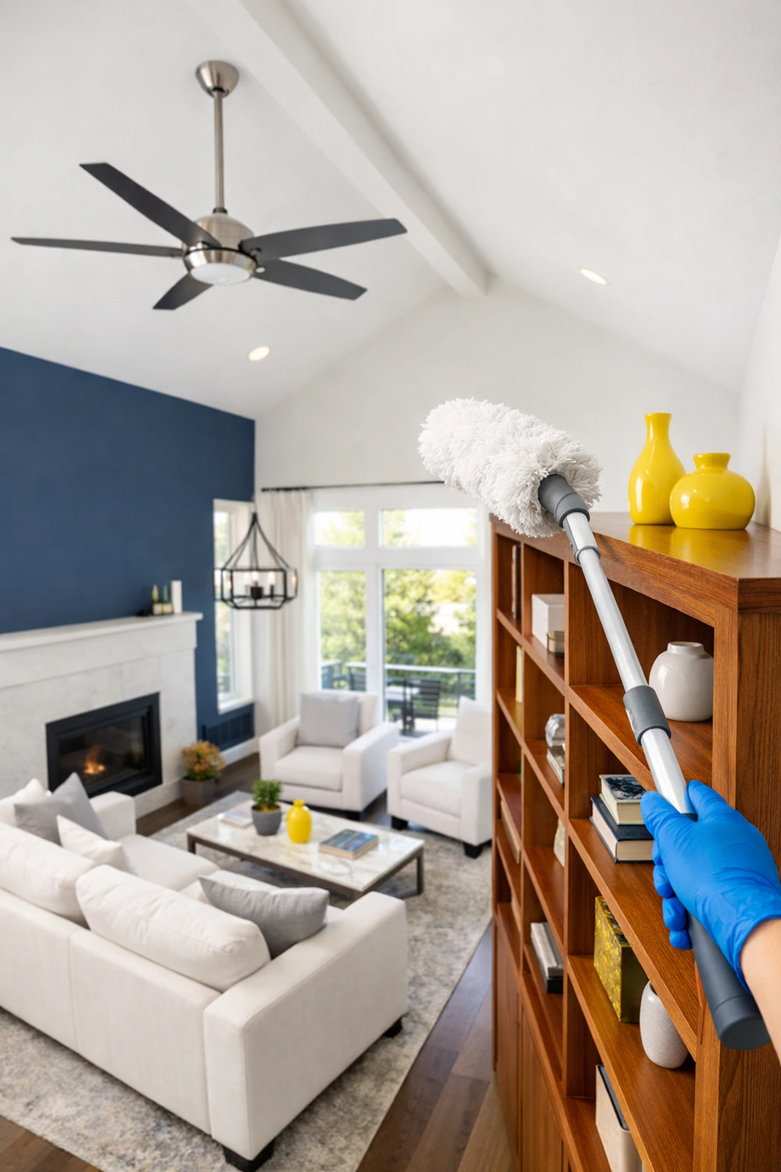 Professional cleaner dusting a high bookshelf in a clean Fitchburg living room using a top-down strategy.