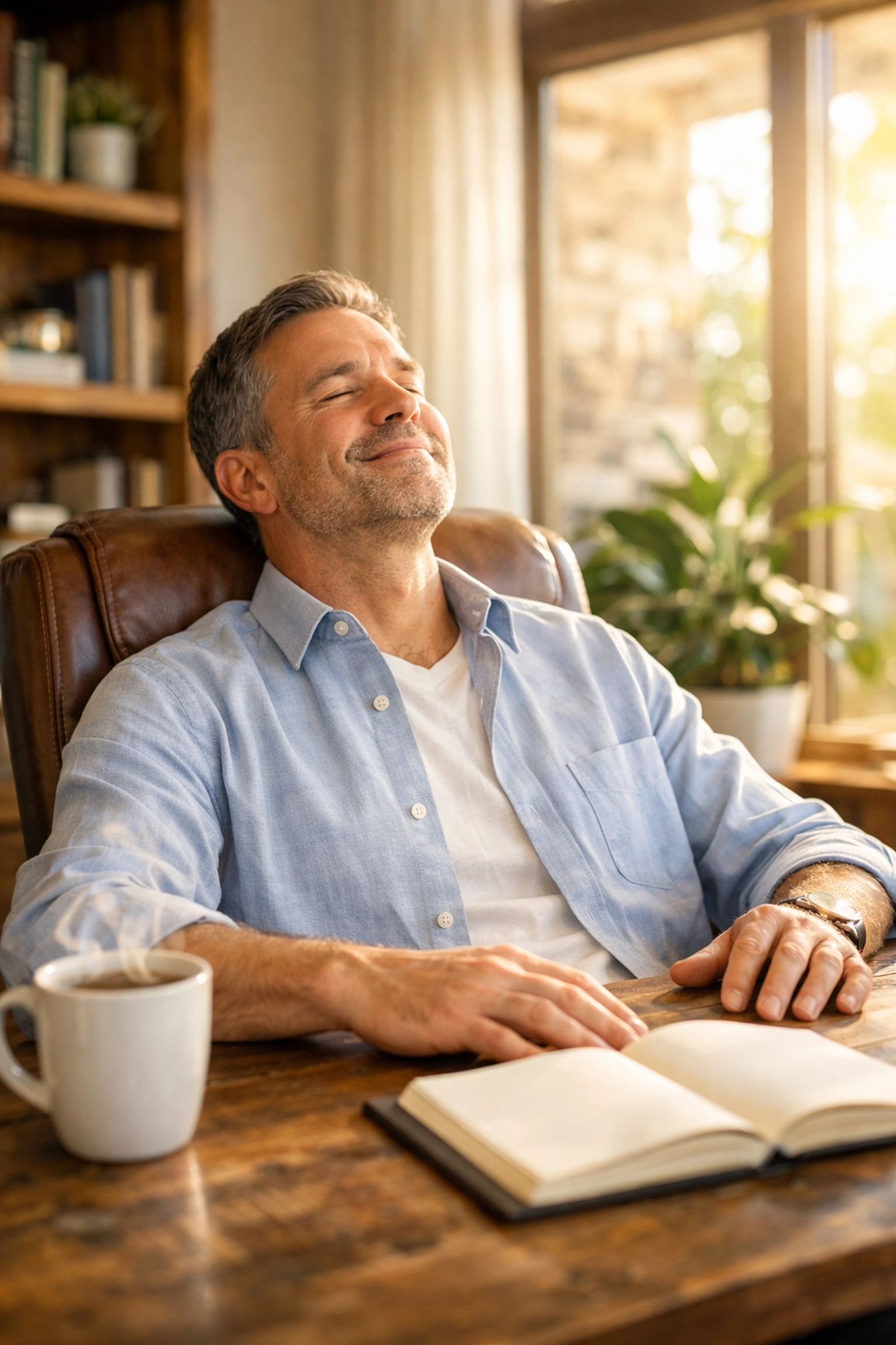 A faith-based leader practicing emotional honesty and reflection in a peaceful home study.