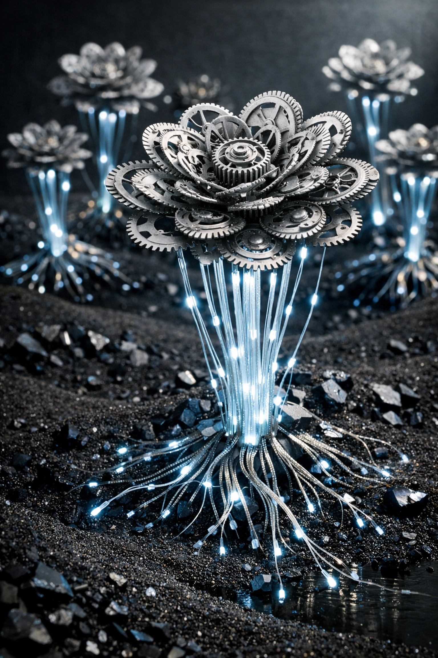 Growth-focused autonomous systems represented by mechanical gears and fiber-optic roots for business success.