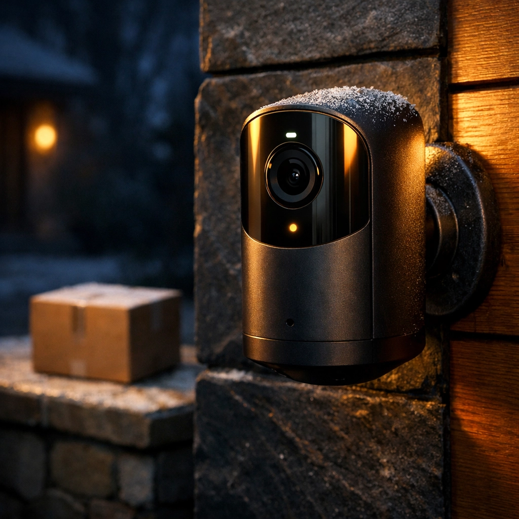 AI-powered security camera monitoring a package on a modern Minneapolis home exterior.