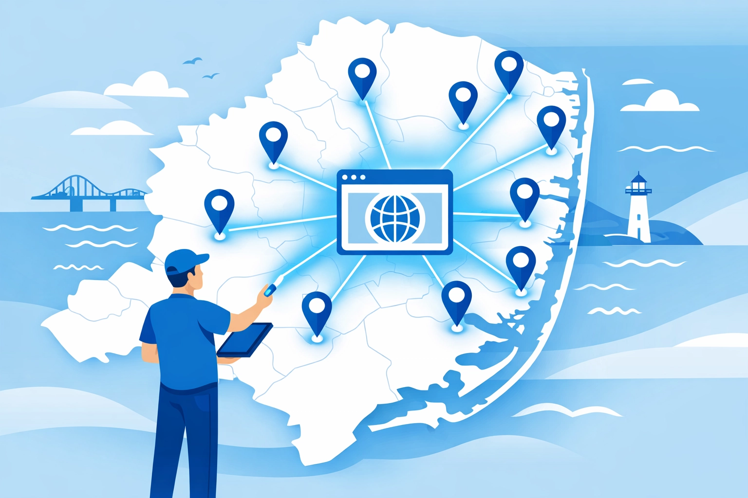 Digital map showing local SEO targeting and location pages across Monmouth County NJ.