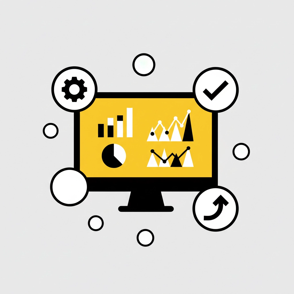Computer screen with graphs and charts on a yellow background. Surrounding icons: gear, check mark, arrow. Minimalist design.