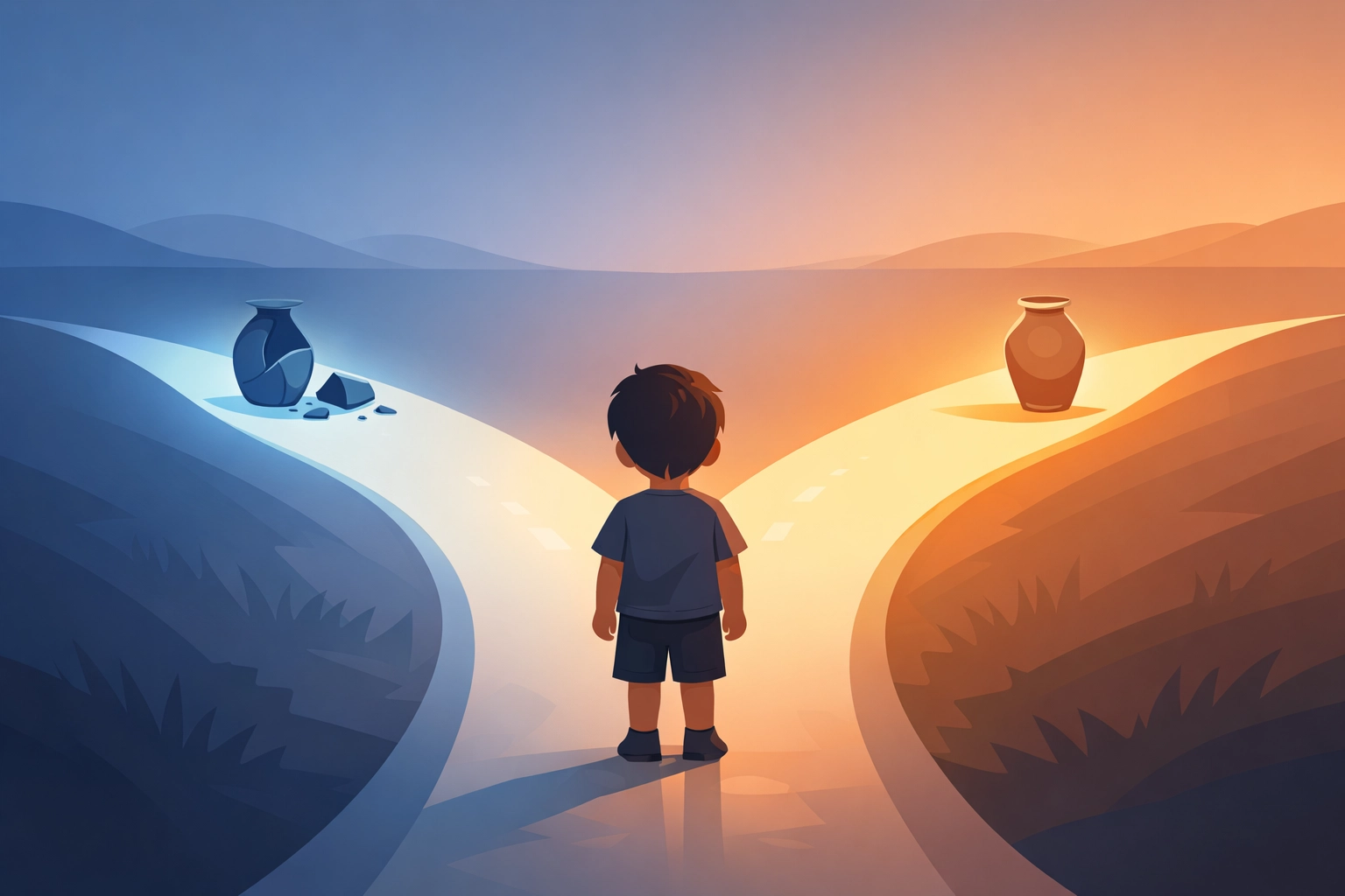 Child at crossroads deciding between truth and lies, weighing fear of consequences