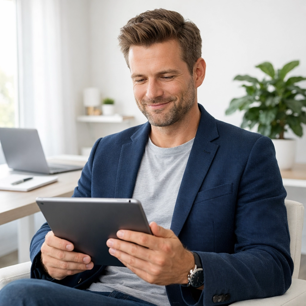 Entrepreneur in a modern home office reviewing bank statement mortgage options for financial clarity.