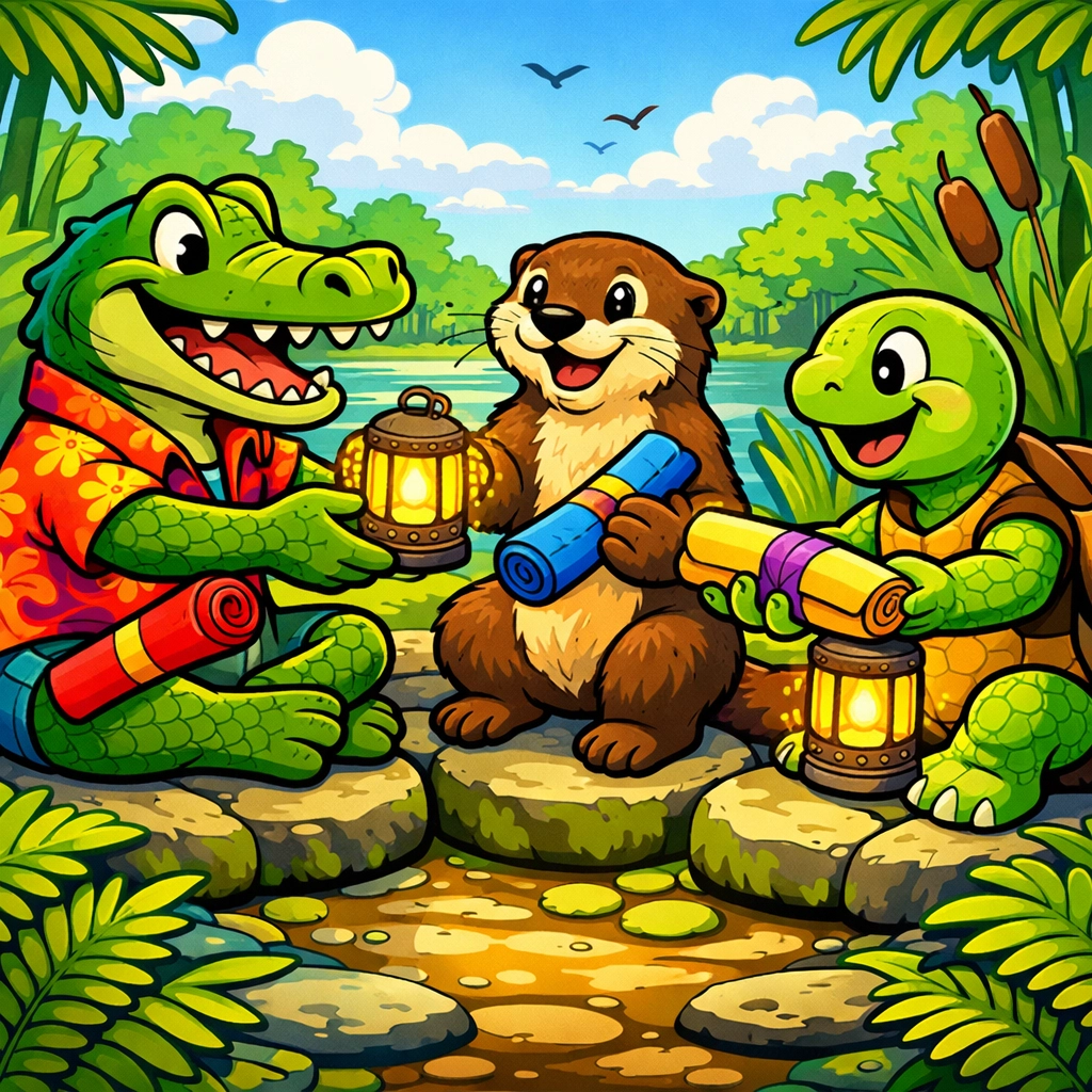 Friendly swamp animals sharing resources, representing community support groups for neurodiverse families.