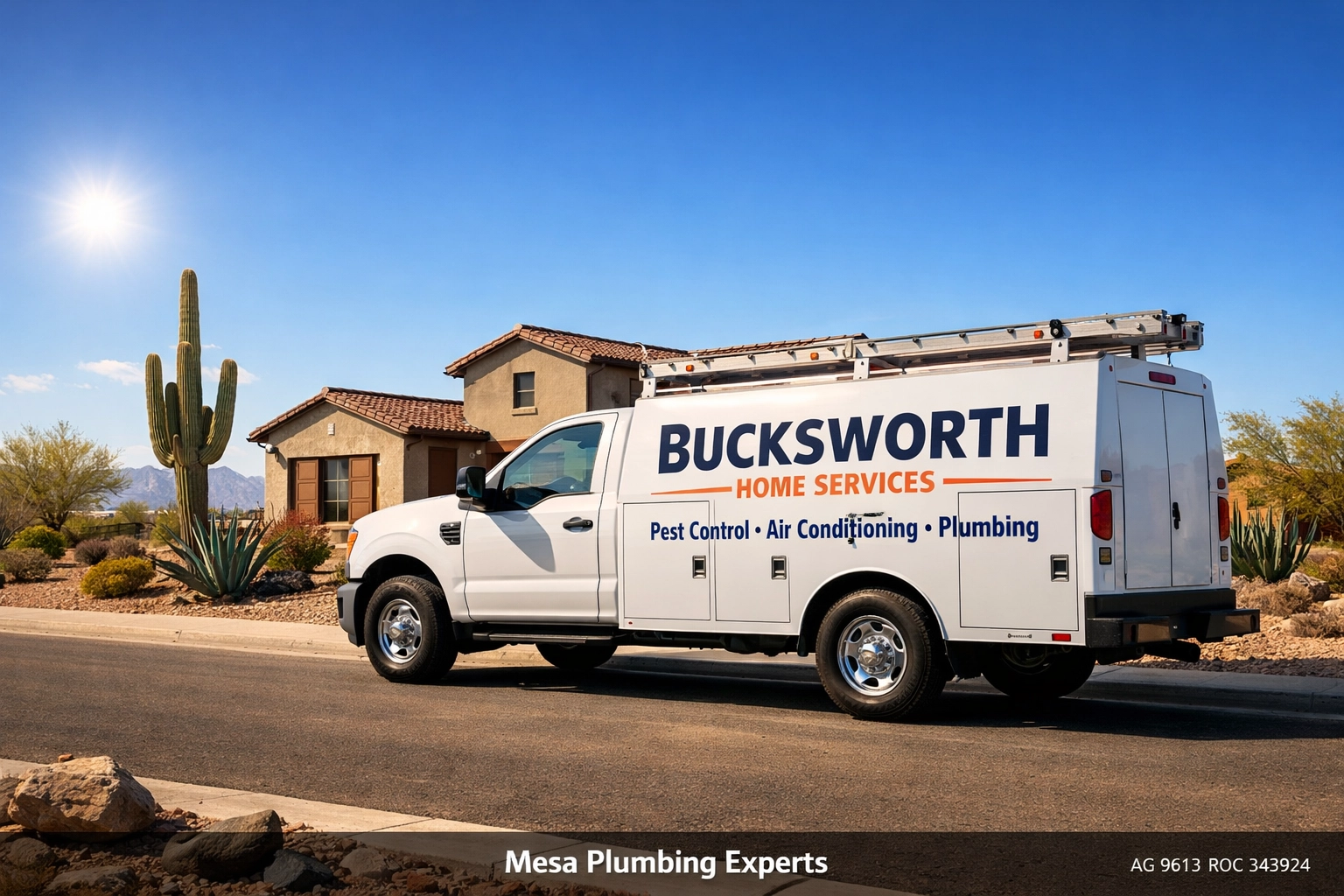 Bucksworth Home Services truck parked in a Mesa neighborhood ready for a plumbing service call.