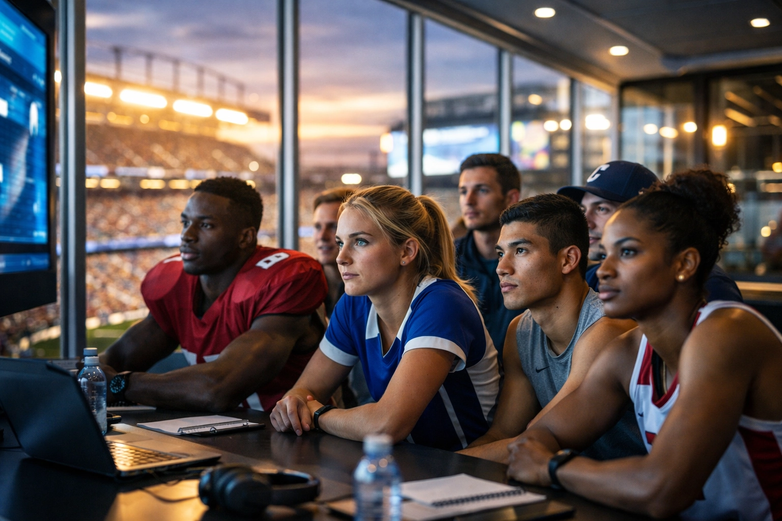 Diverse student-athletes attending a professional workshop on digital branding and NIL opportunities for career success.