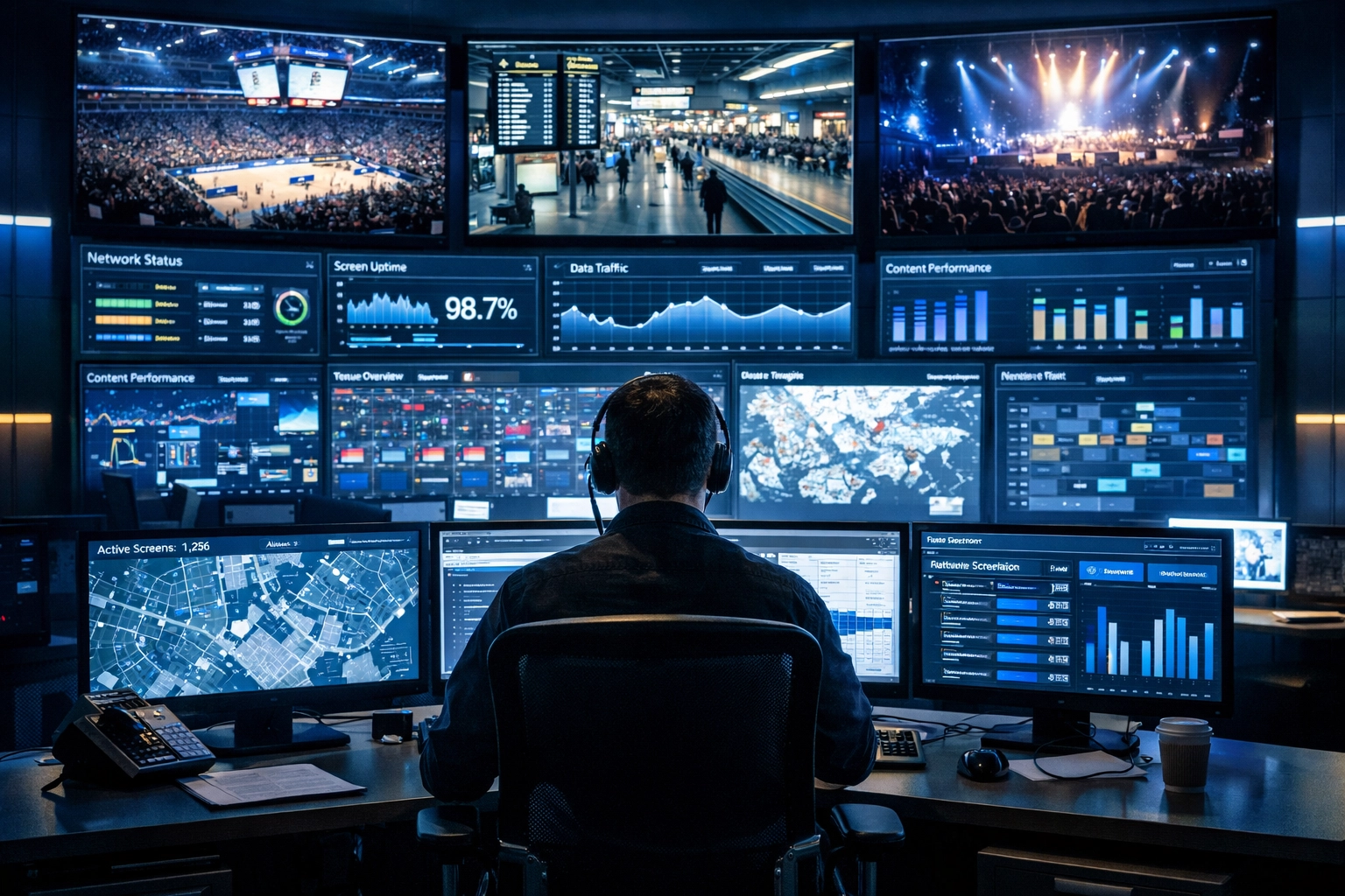 Digital signage control room monitoring multiple venue analytics and performance data
