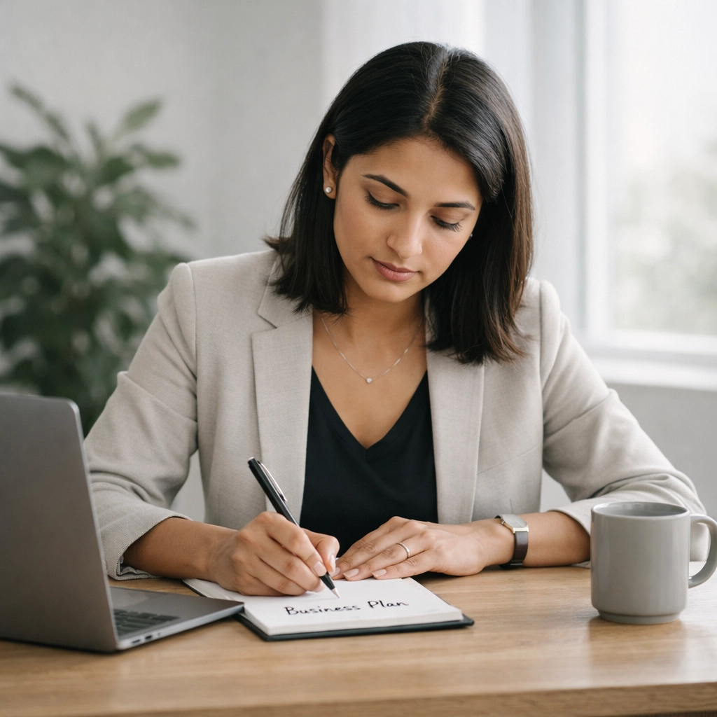 A focused entrepreneur drafting a business plan for a CSBFL loan application in a modern office.