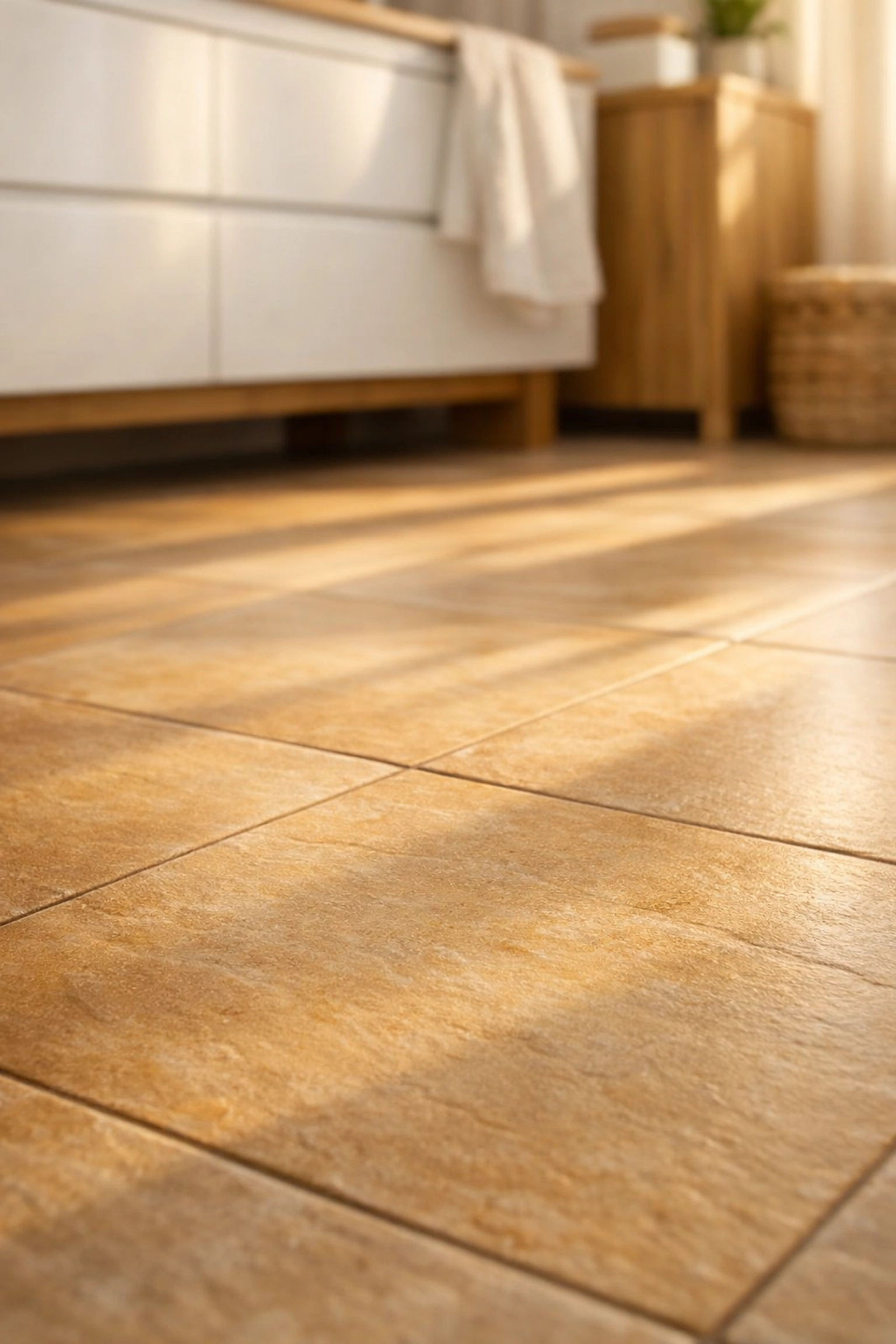 Heated floor tiles in sustainable Orlando bathroom renovation with warm wood elements