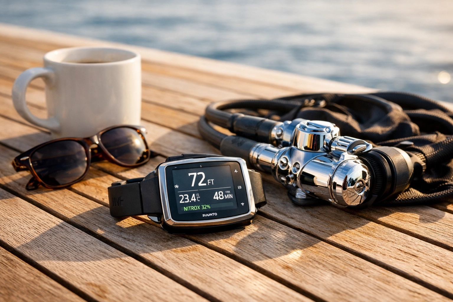 Modern scuba diving gear and dive computer on a teak deck for a curated travel concierge experience.
