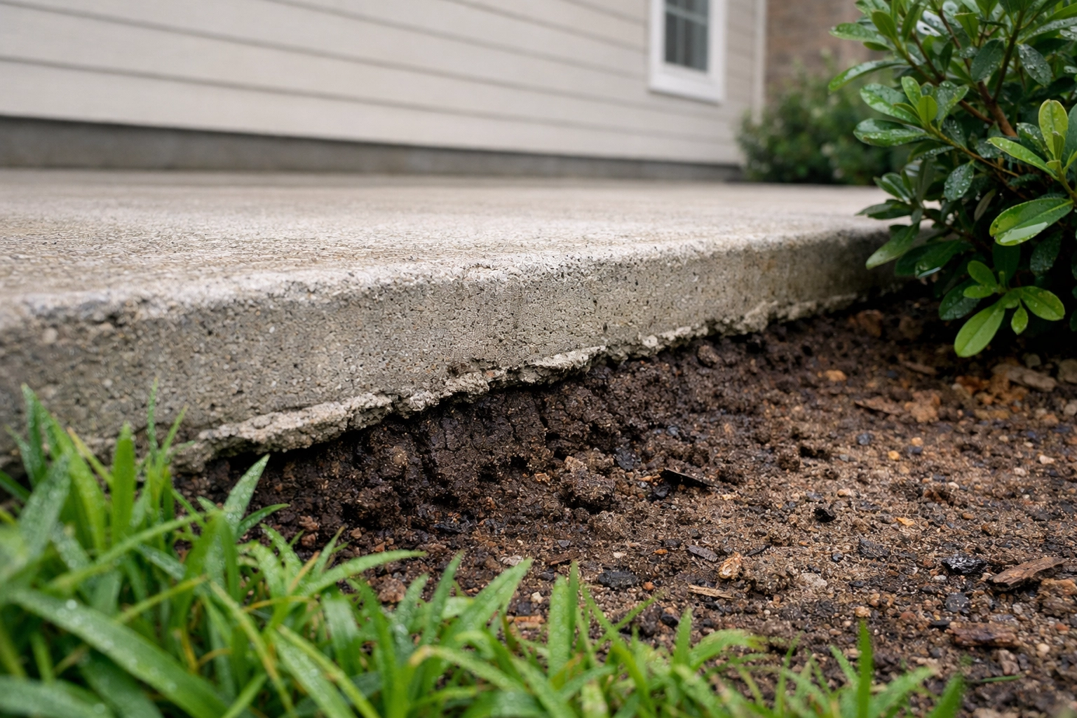 Concrete slab foundation meeting damp clay soil in Southern Louisiana, where slab leaks often originate.