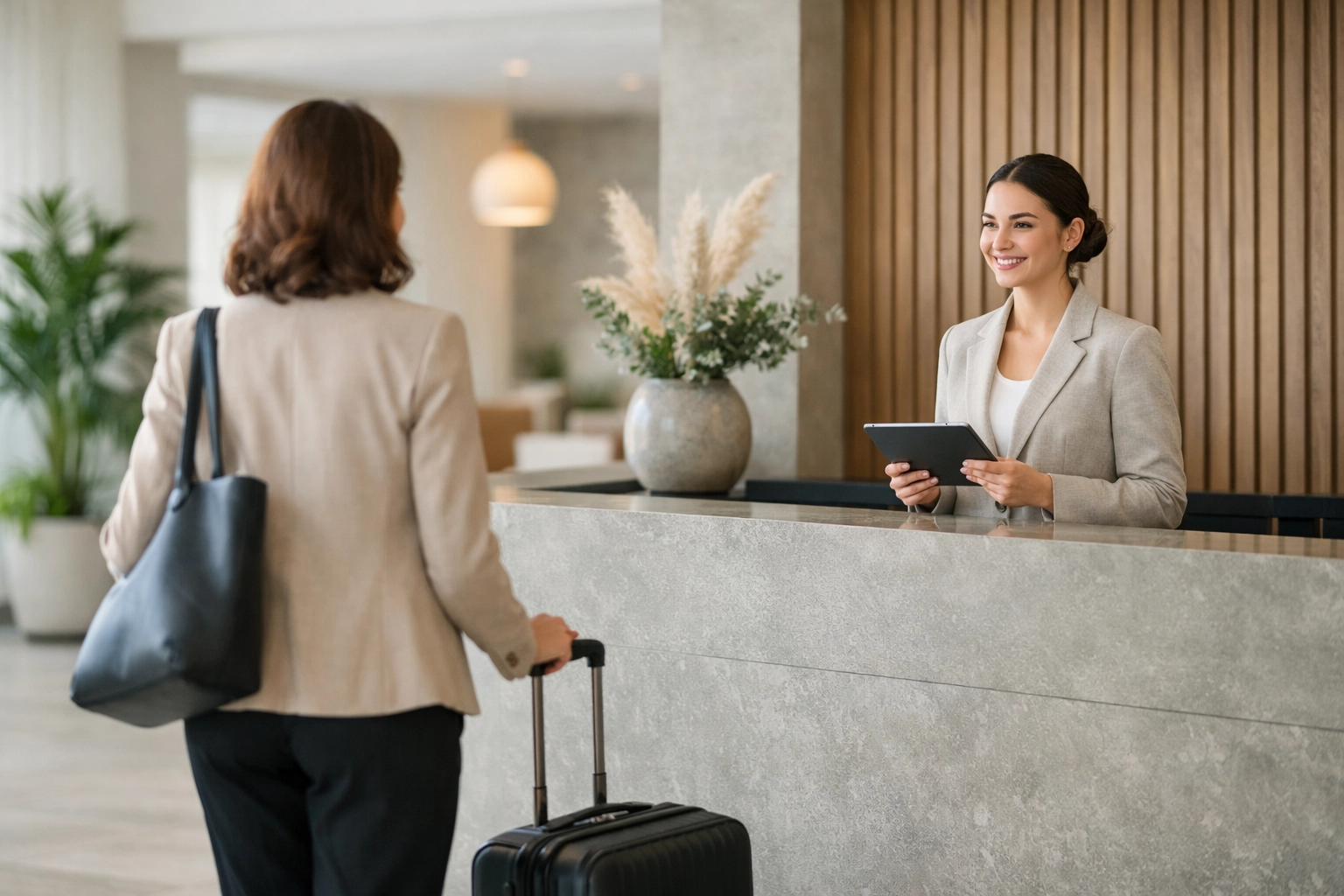 Hotel staff using a tablet for personalized guest check-in at a modern lobby with hotel CRM technology.