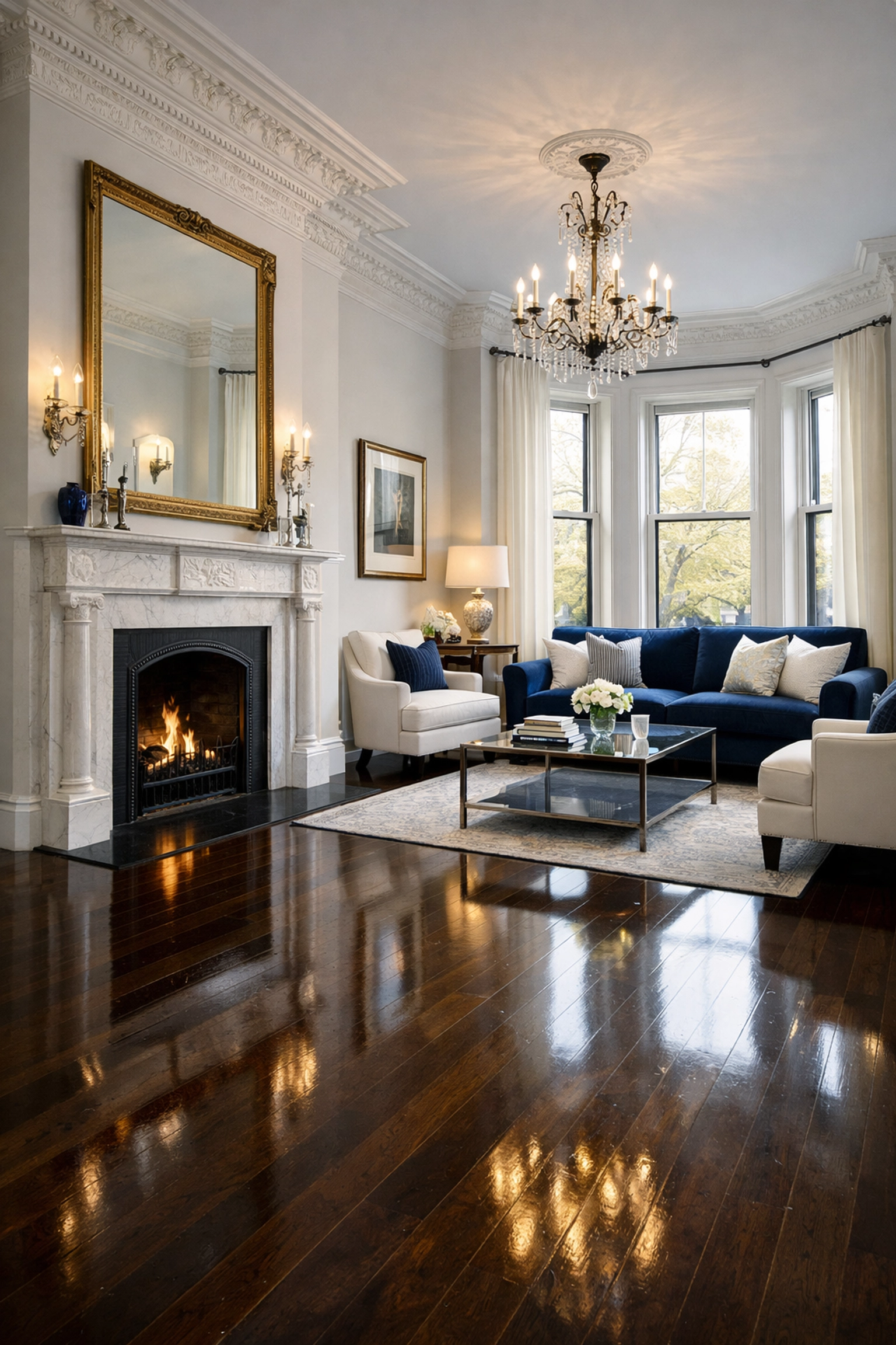 Spotless Back Bay Boston brownstone interior showing clean hardwood floors for a move-out inspection.