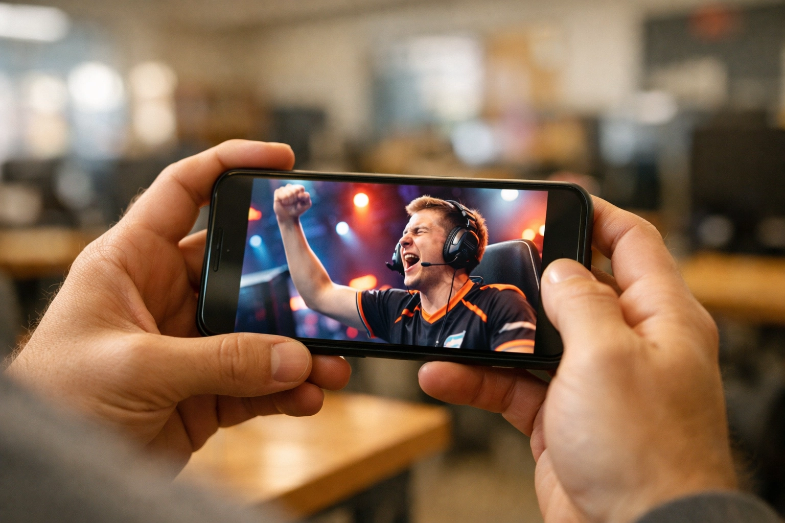 Viewing esports tournament highlights on a smartphone to maximize long-term sponsorship asset value.