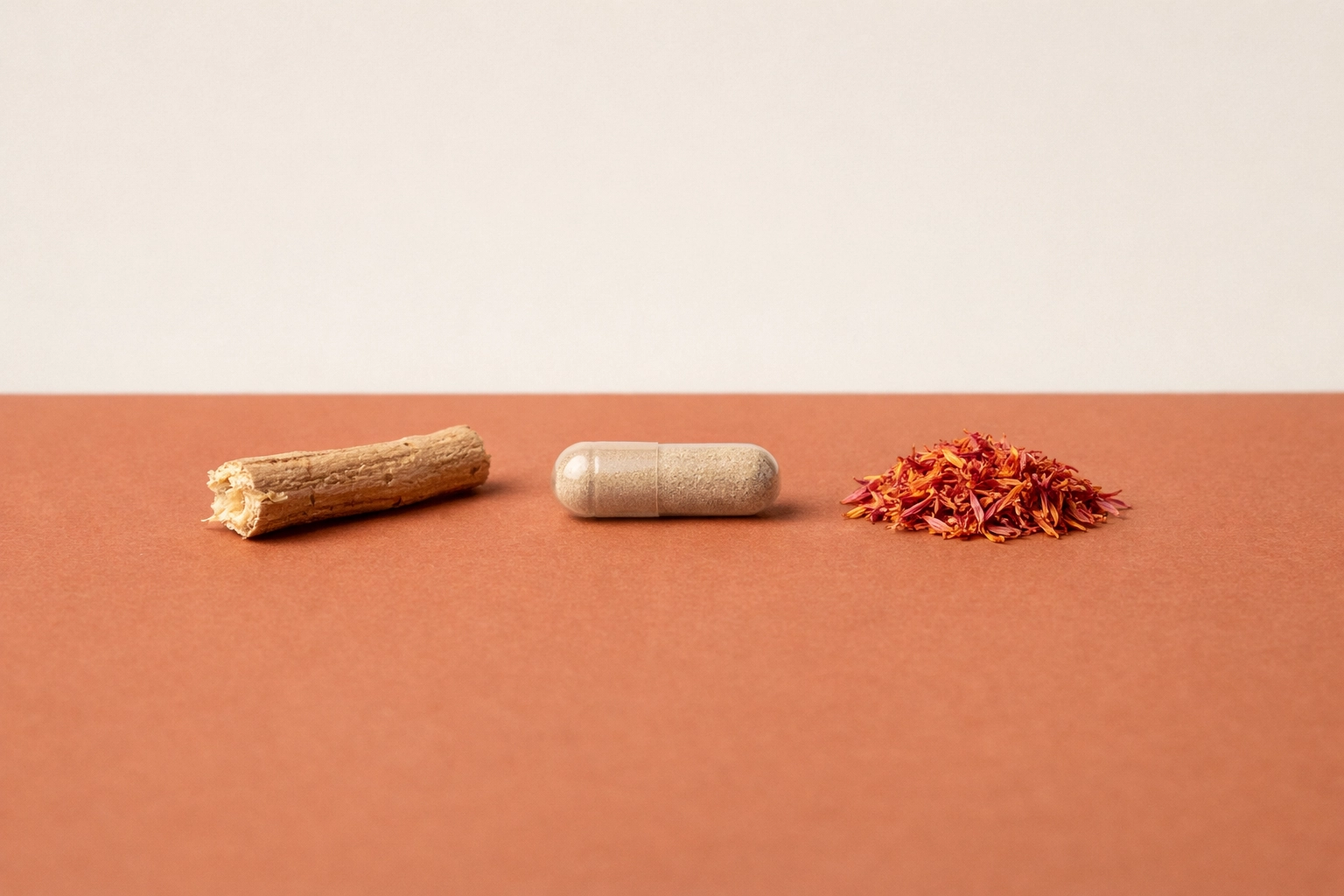Raw ashwagandha root, rhodiola, and a herbal capsule used for natural stress and cortisol support.