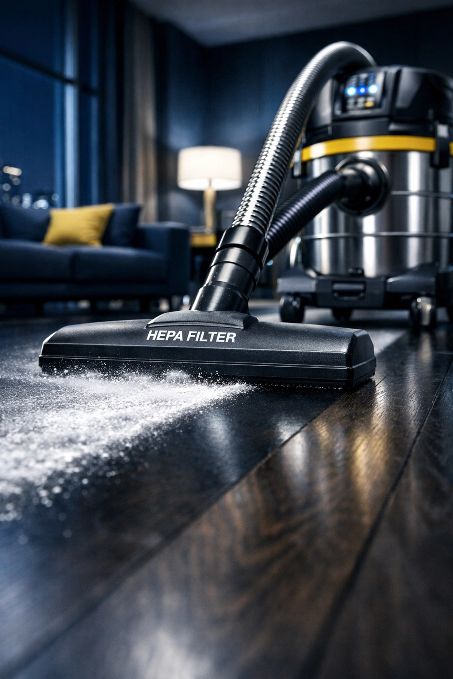 Professional HEPA vacuum removing white drywall dust from dark hardwood floors during a post-construction cleaning MA project.
