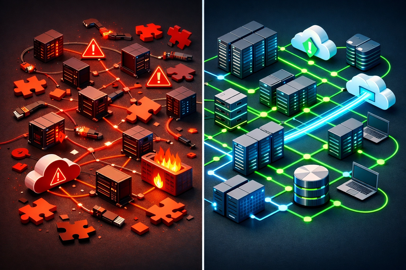 Comparison of chaotic legacy IT infrastructure versus organized ServiceNow ITOM implementation for compliance