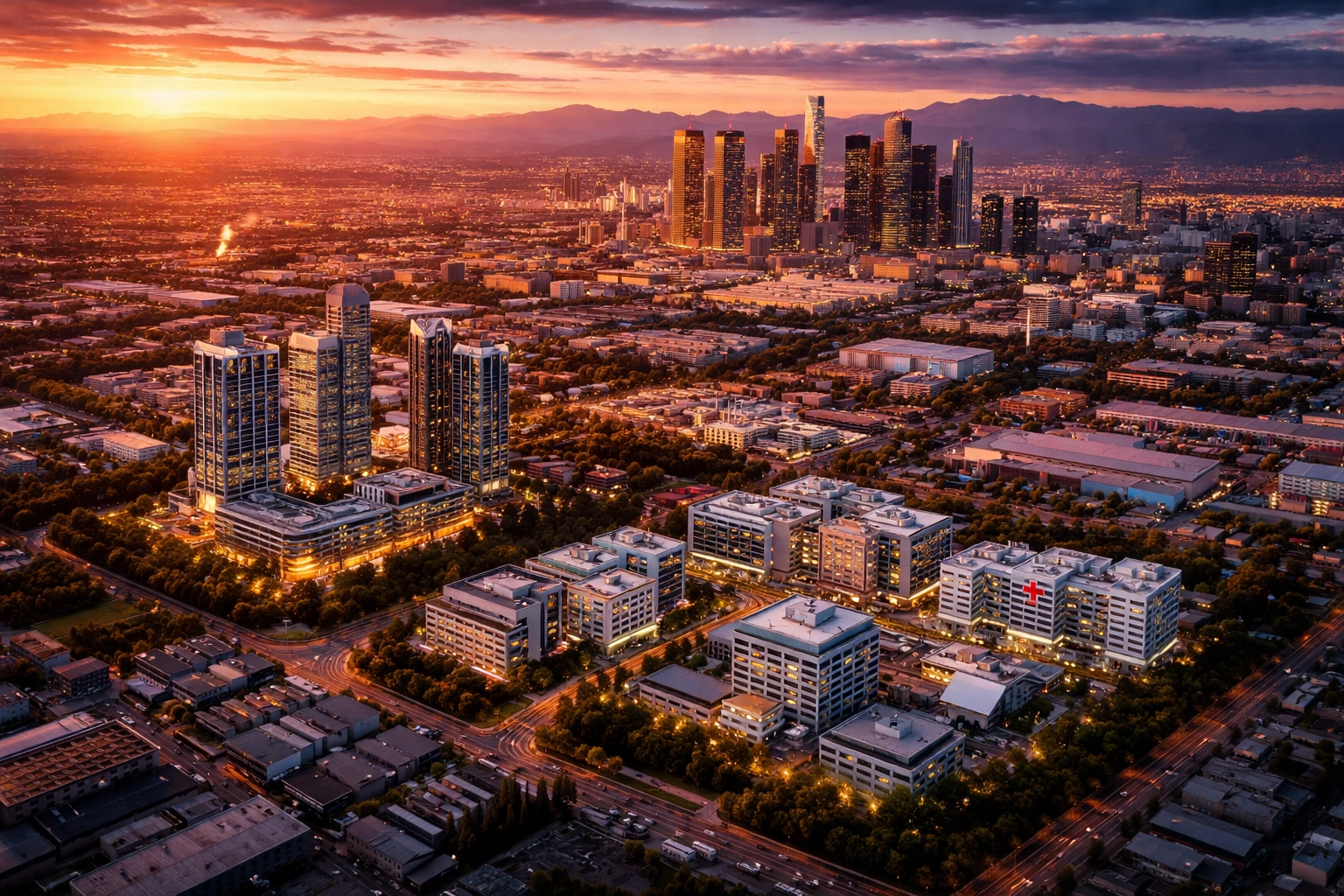 Diverse cityscape representing sector and geographic diversification in private equity portfolios.