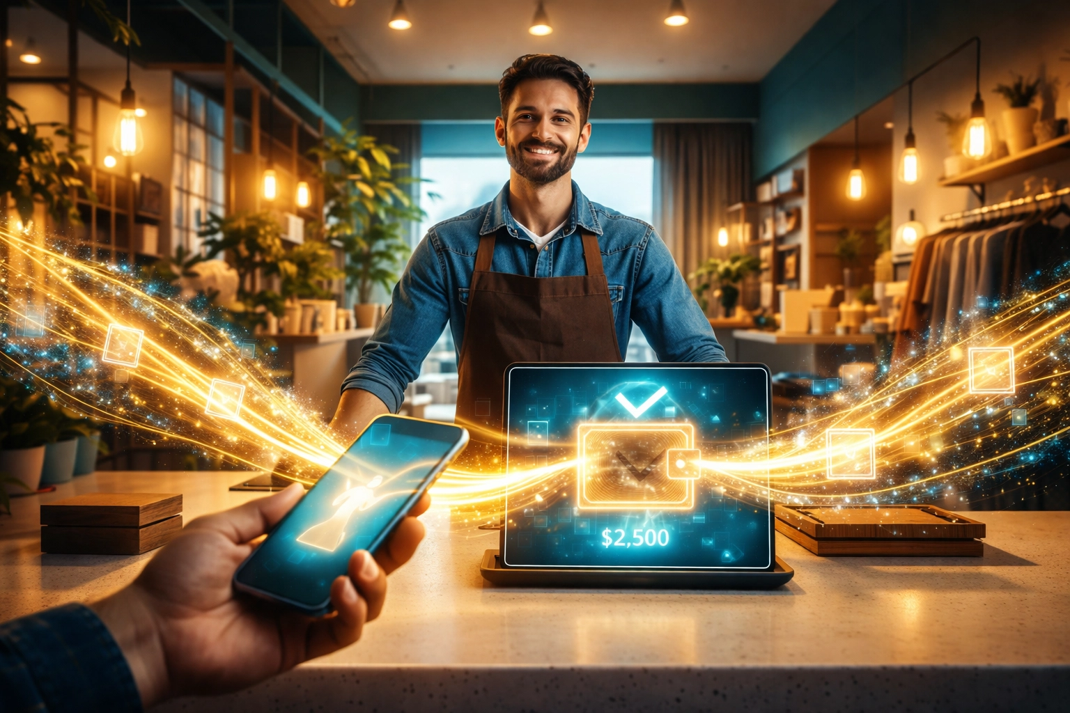 Small business owner receives Web3 global payment from customer smartphone at retail counter, highlighting low-fee merchant transactions.