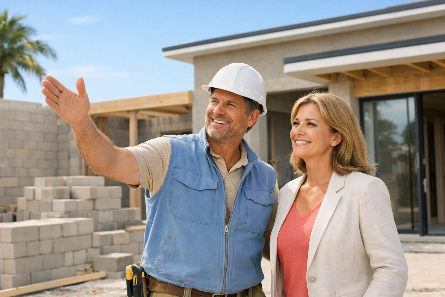 General contractor south florida discussing construction management with a client on site.