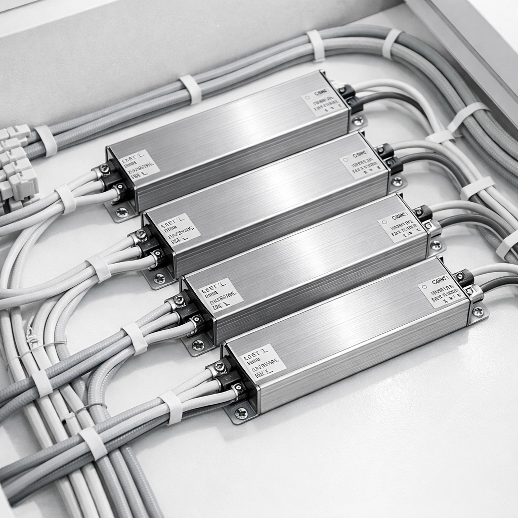 Professional electrical installation of LED power drivers for safe smart home lighting.