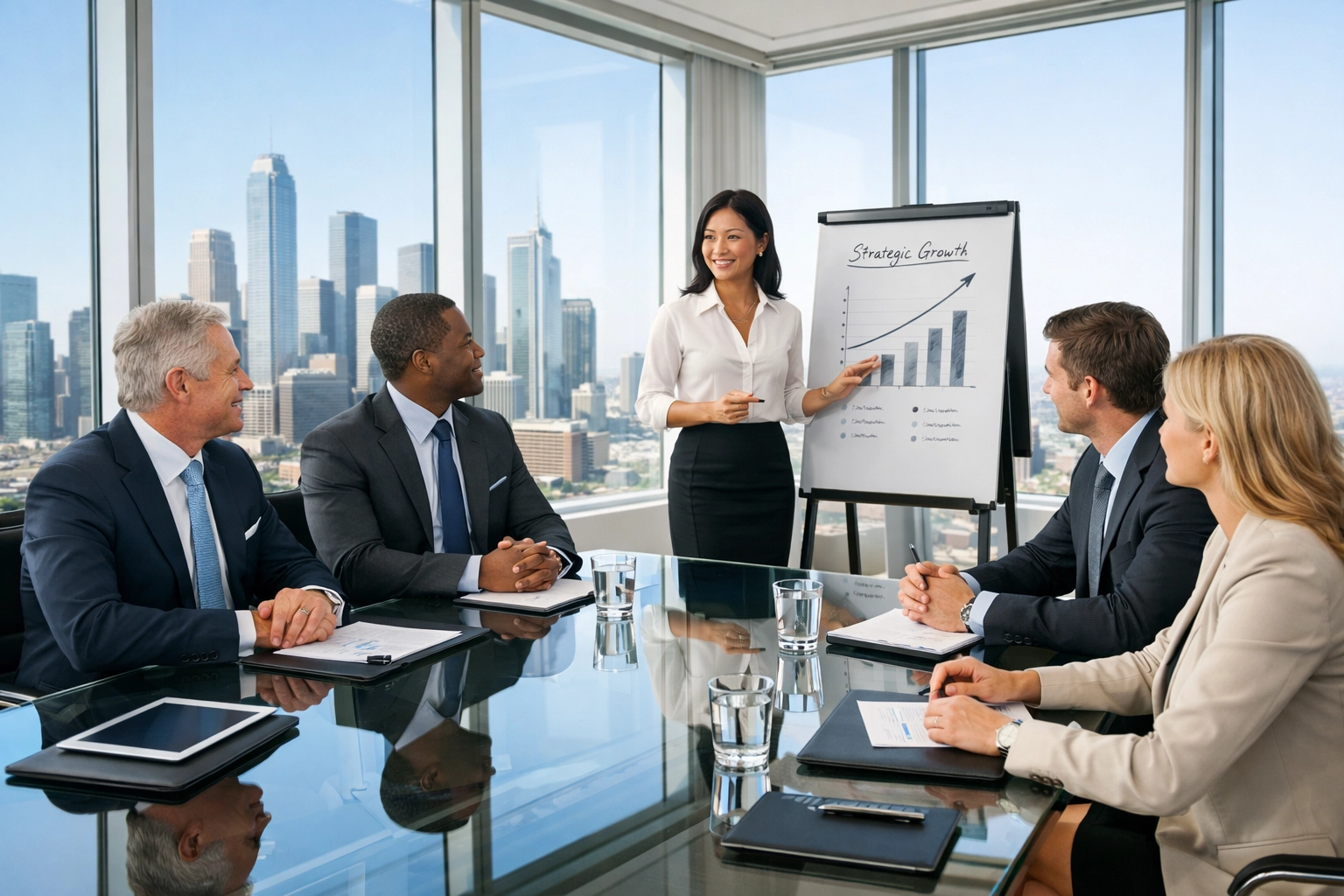 Executives in a boardroom planning a strategic VIP guest list for Super Bowl corporate hosting.