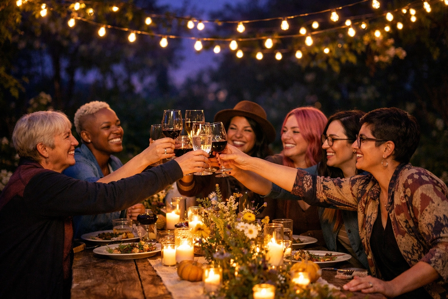 A group of lesbians and queer women celebrating a life milestone with a festive dinner party under garden lights.