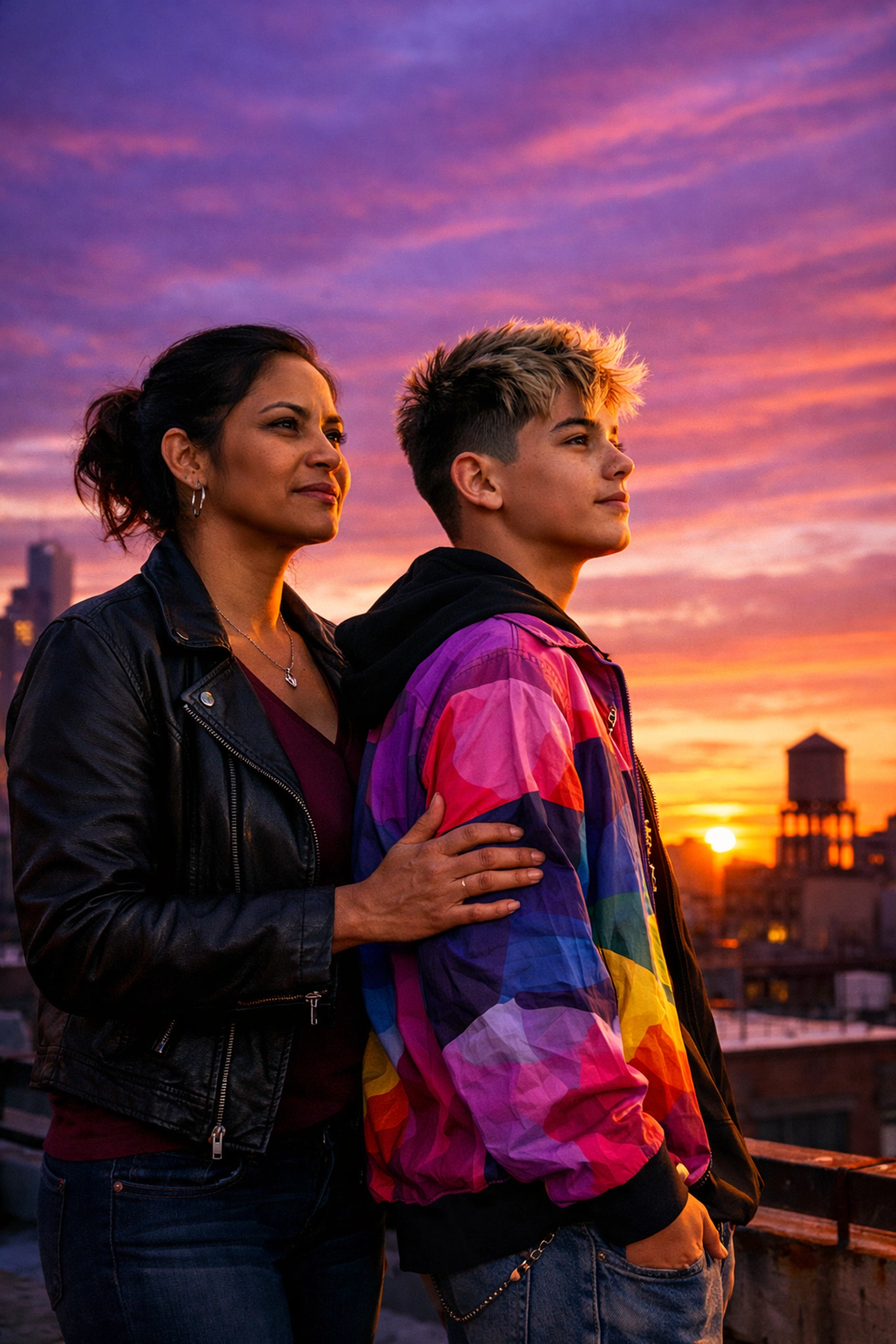 A resilient single mother and her queer son standing proudly together on a rooftop during a vibrant sunset.