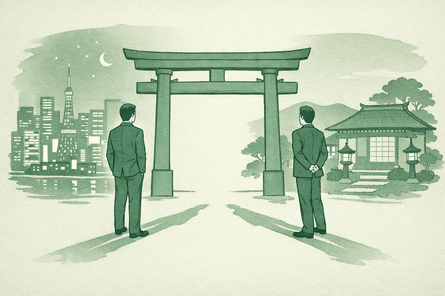 Gay Japanese men divided by traditional torii gate symbolizing cultural expectations in MM romance