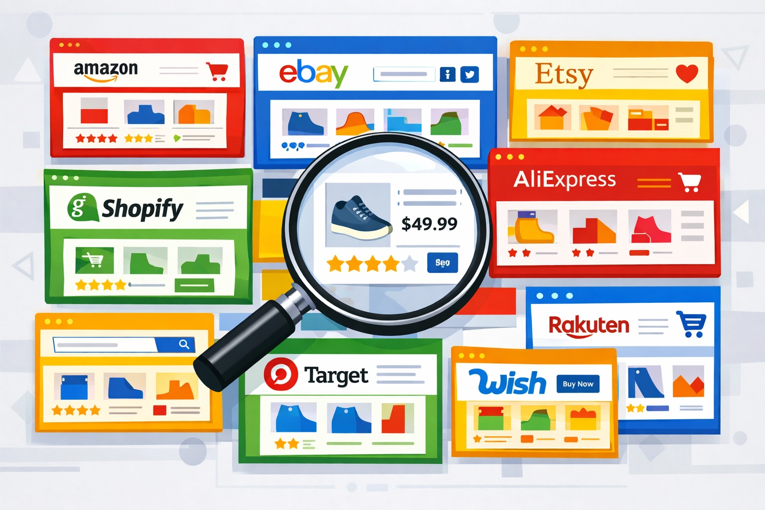 Comparison of online shopping platforms and deal sites with magnifying glass