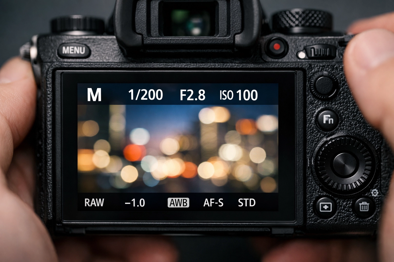 Digital camera screen showing manual mode settings for a comprehensive photography tutorial.