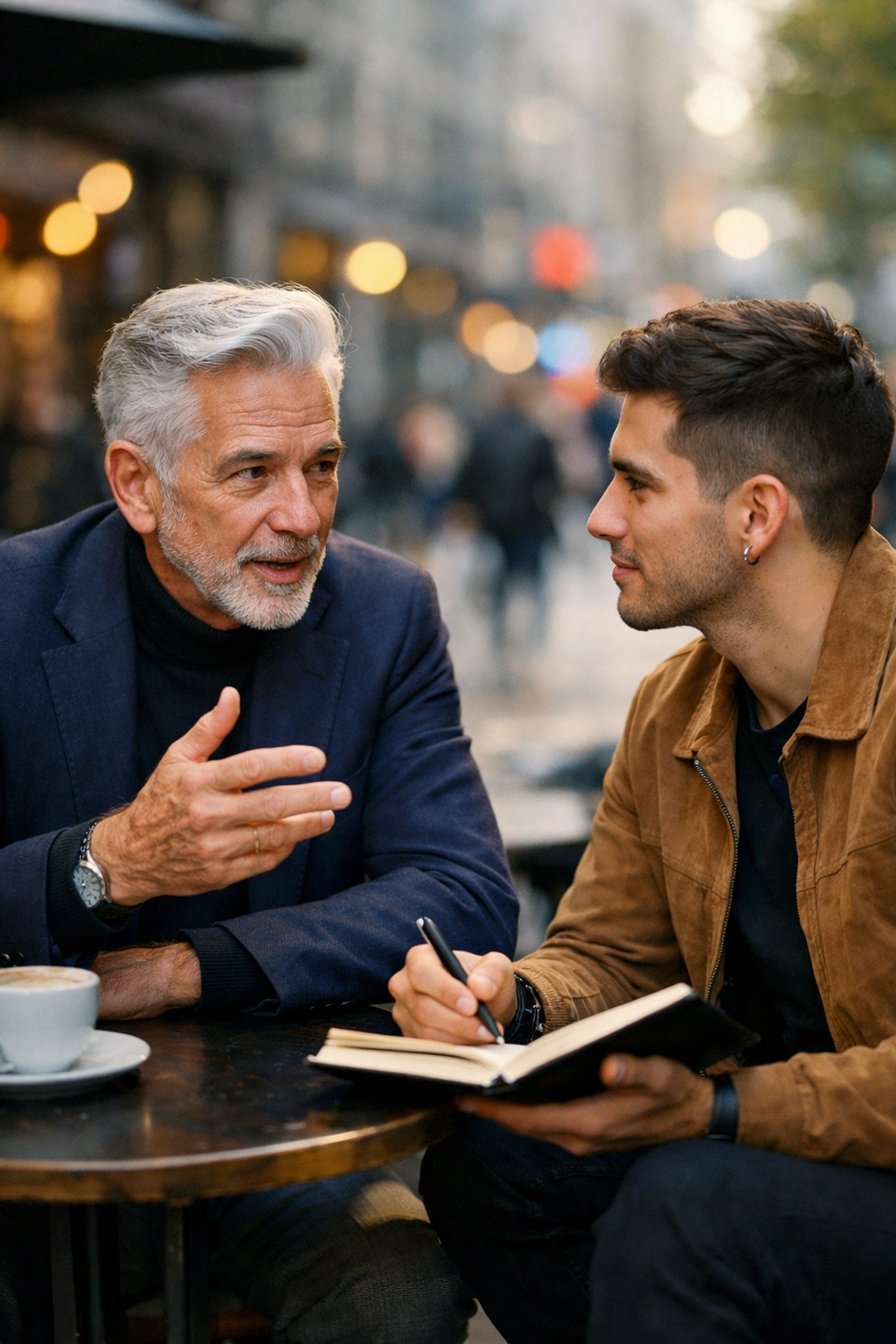 A senior gay professional mentoring a younger man at a cafe, showing queer leadership and community support.