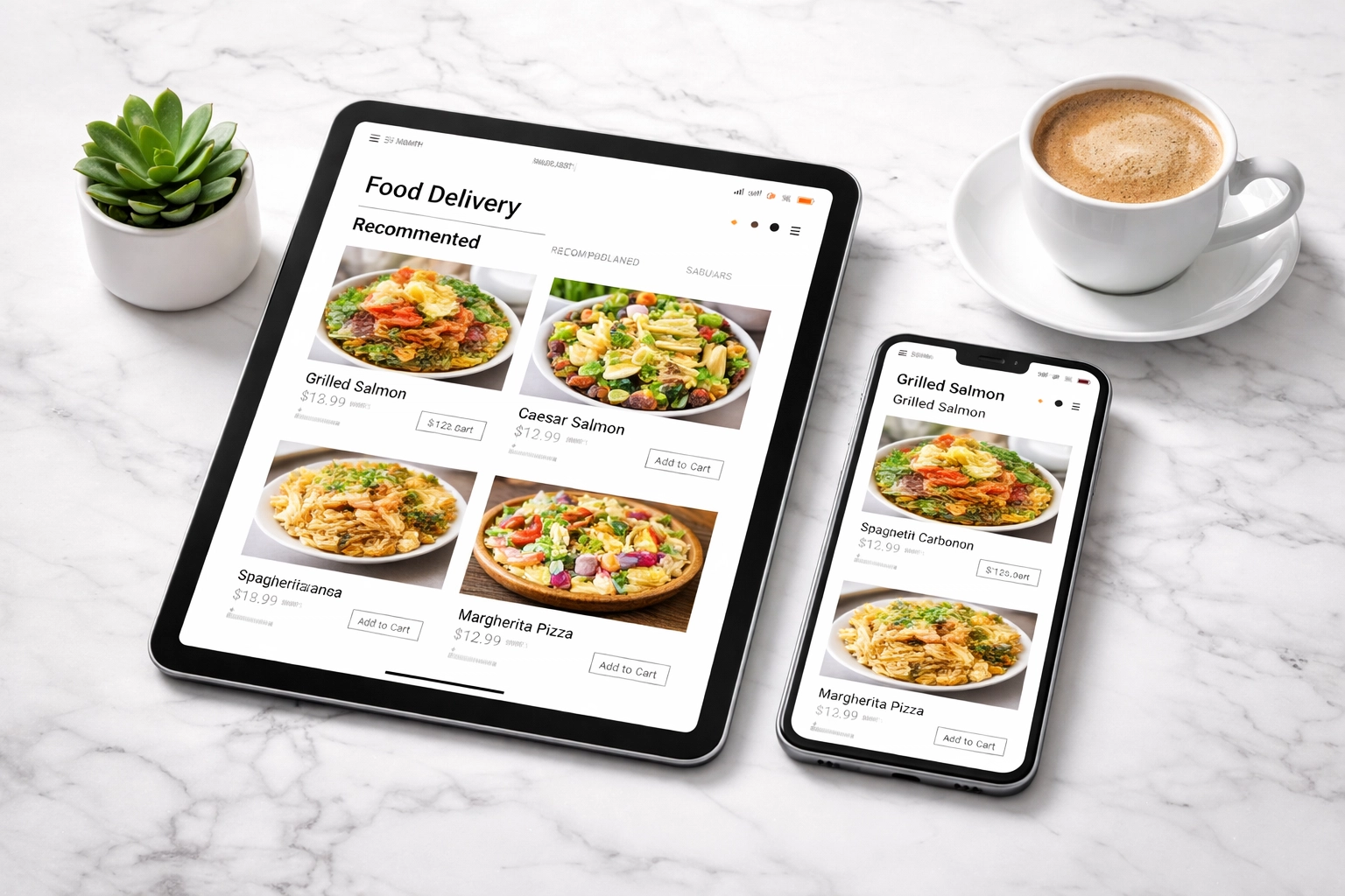 Tablet and smartphone showing a commission-free restaurant online ordering menu on a countertop