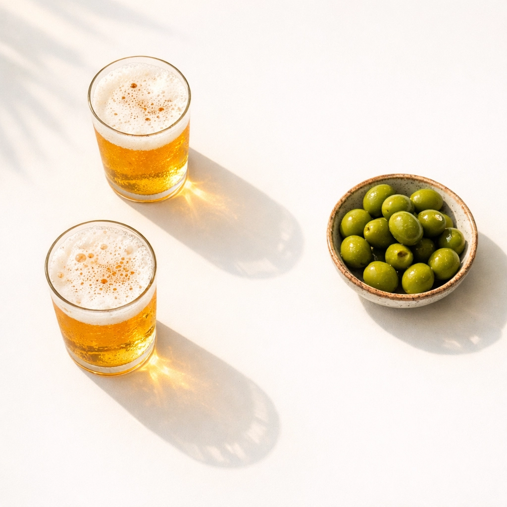 Two glasses of chilled Spanish beer and a bowl of olives on a sunlit table, celebrating authentic Galician flavors.