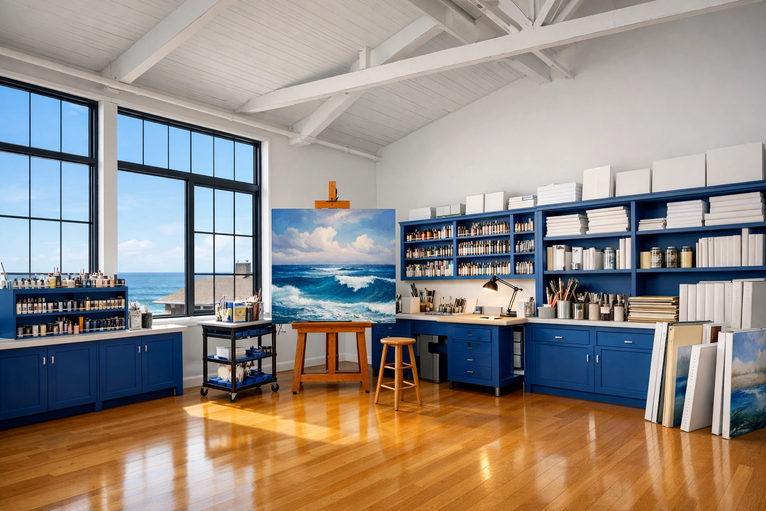 Impeccably clean artist studio in Gloucester featuring polished floors and organized workspace.