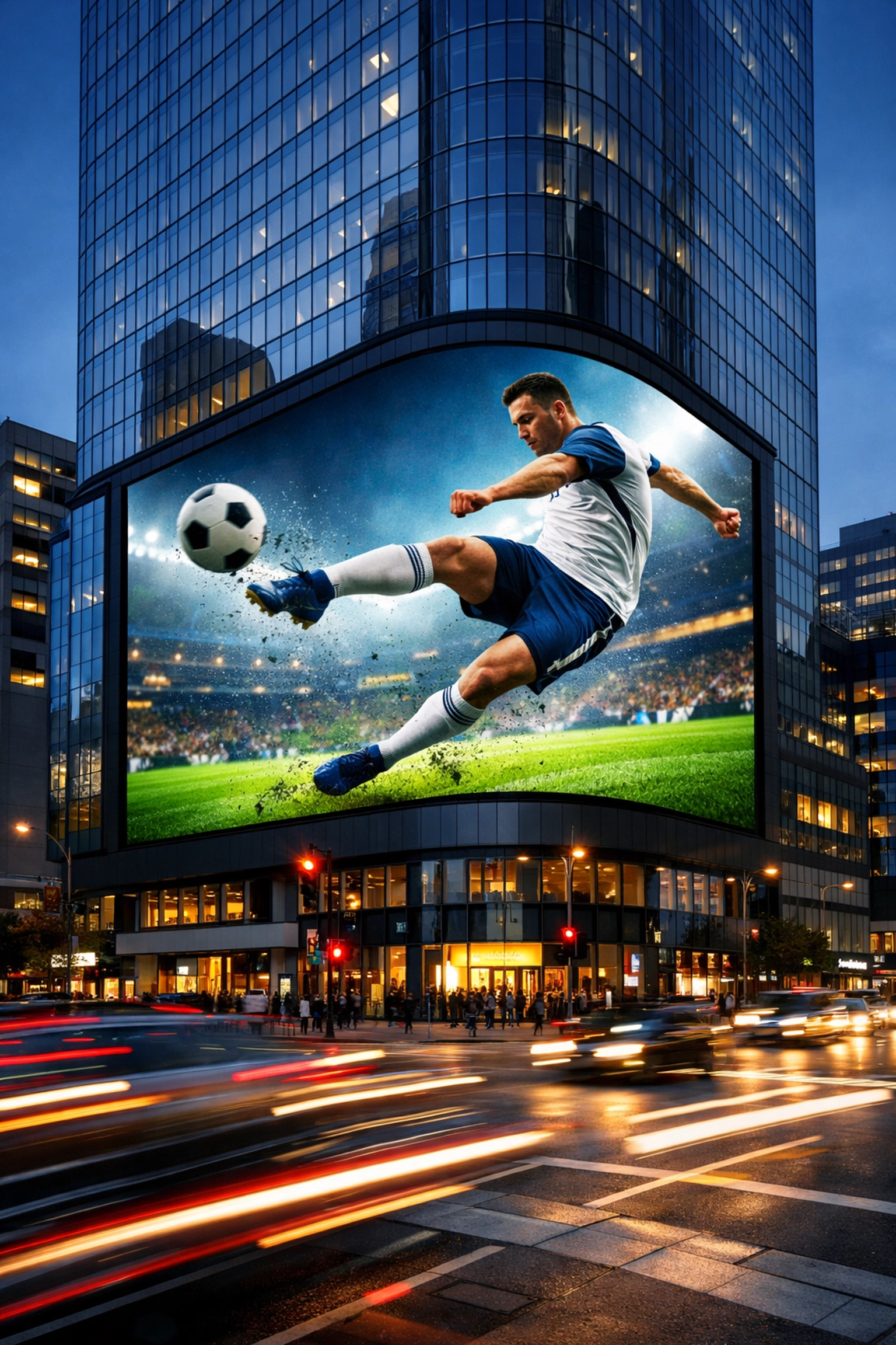 Dynamic digital billboard on a city skyscraper showcasing real-time sports marketing content.