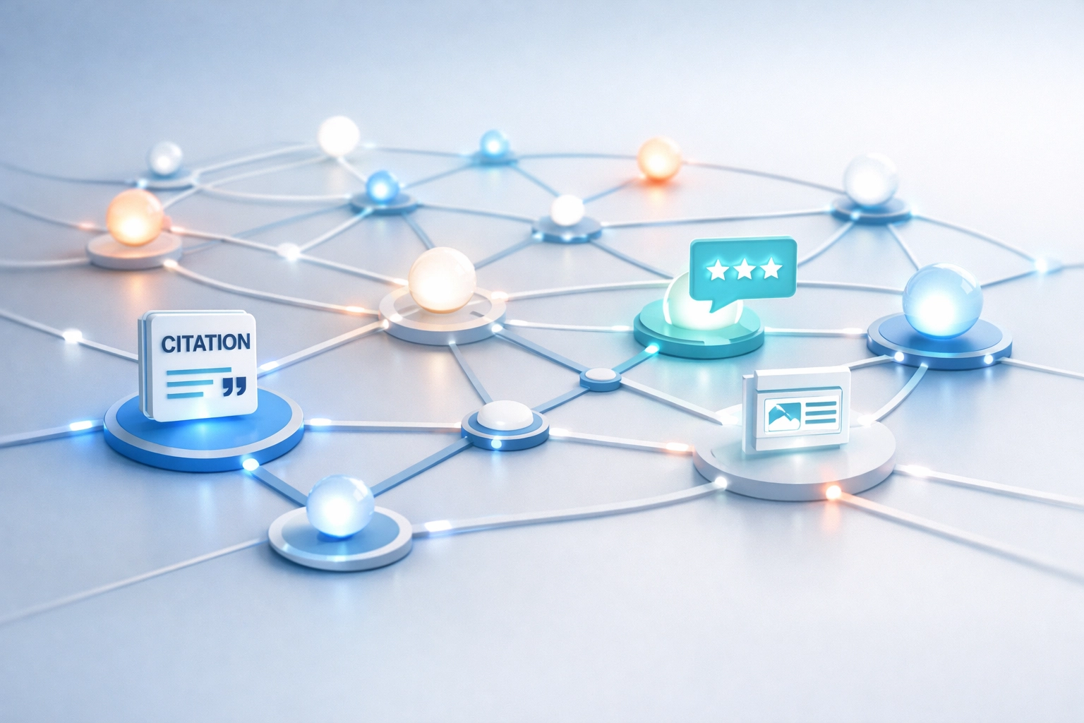Digital network showing connected citations, reviews, and content for janitorial SEO