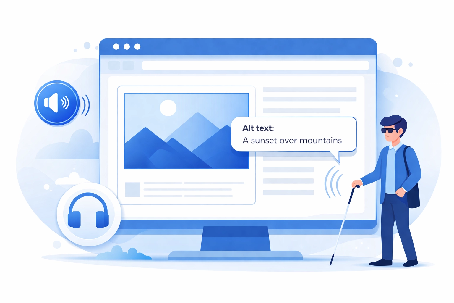 Illustration of a computer screen with alt text and accessibility icons for web accessibility awareness