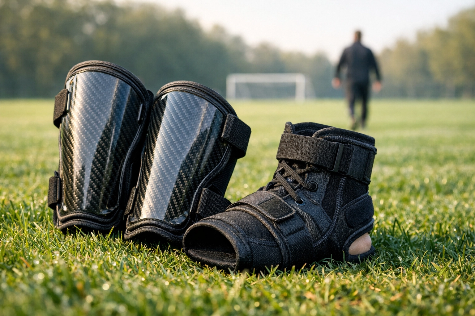 Durable carbon-fiber shin guards and a neoprene ankle brace on a grass field for sports injury prevention.