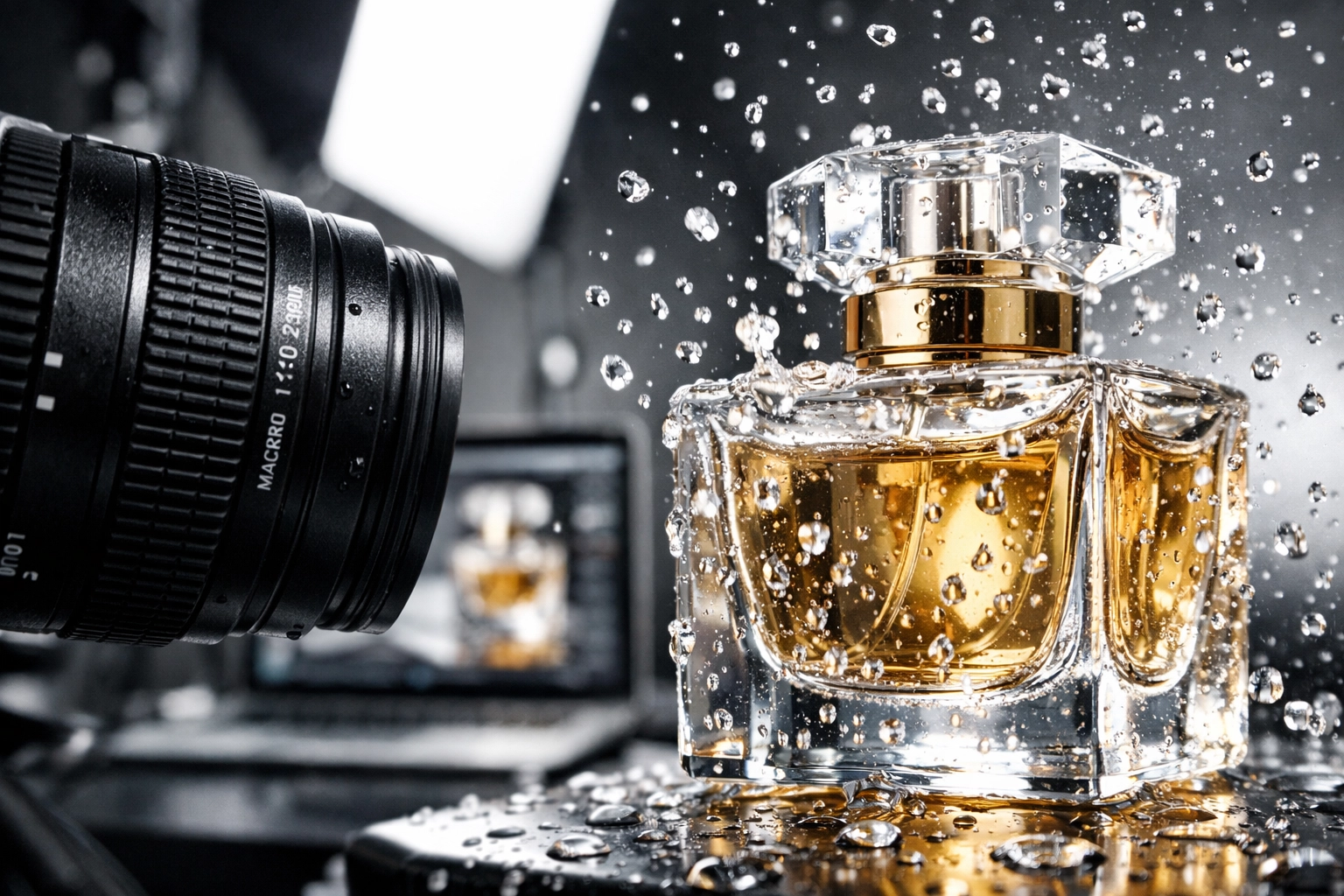 Macro product photography in a Miami studio highlighting the fine details of a designer perfume bottle.