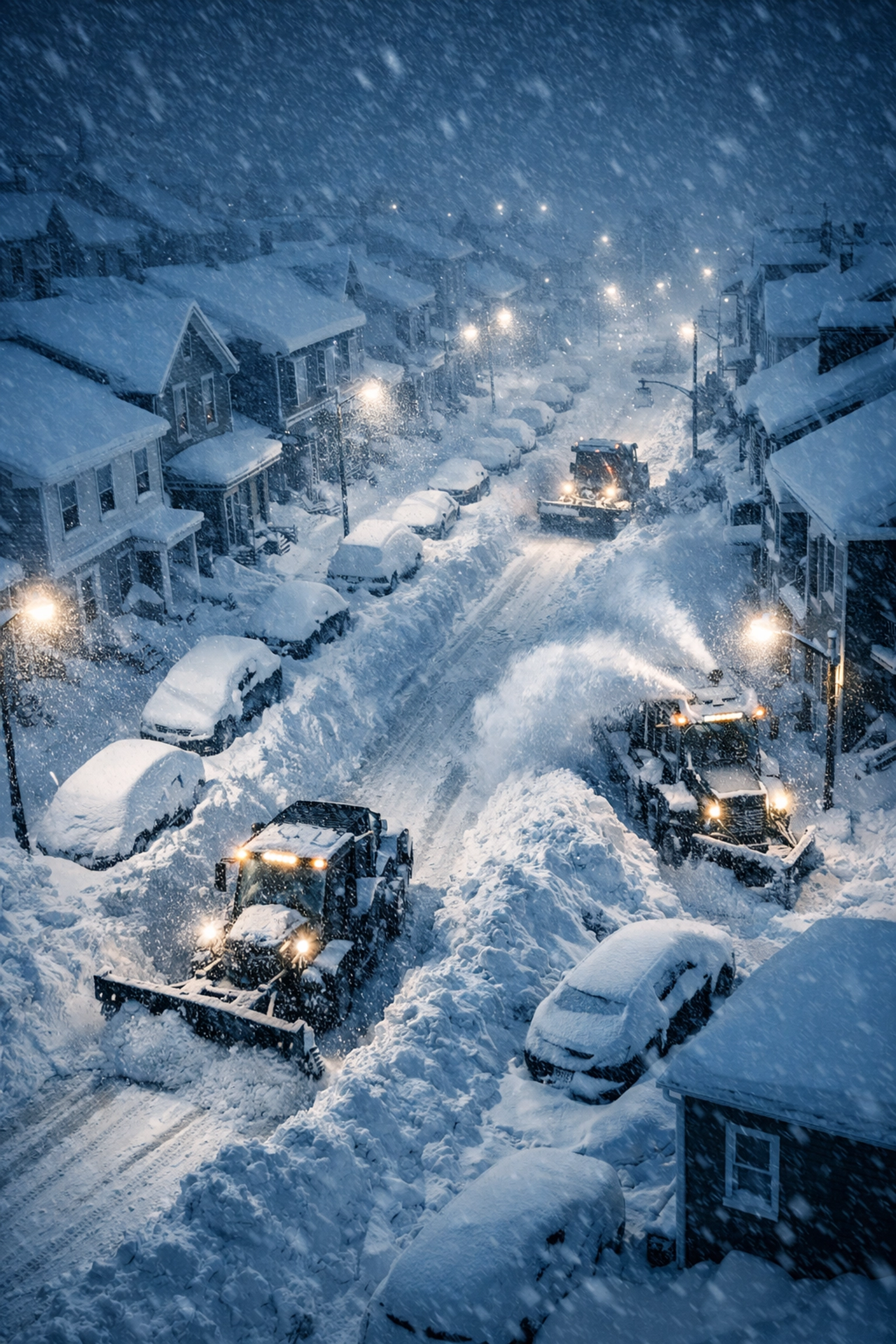 Snow-covered streets during Atlantic Canada winter storm with snowplows clearing deep snow