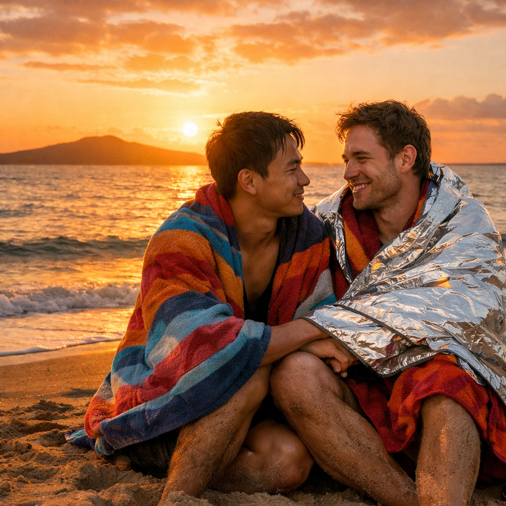 Gay couple sharing heartfelt coming out conversation on Auckland beach at sunrise