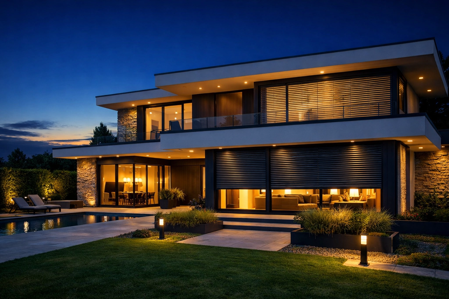 Automated motorised blinds closing at dusk on a contemporary home for enhanced privacy and security.