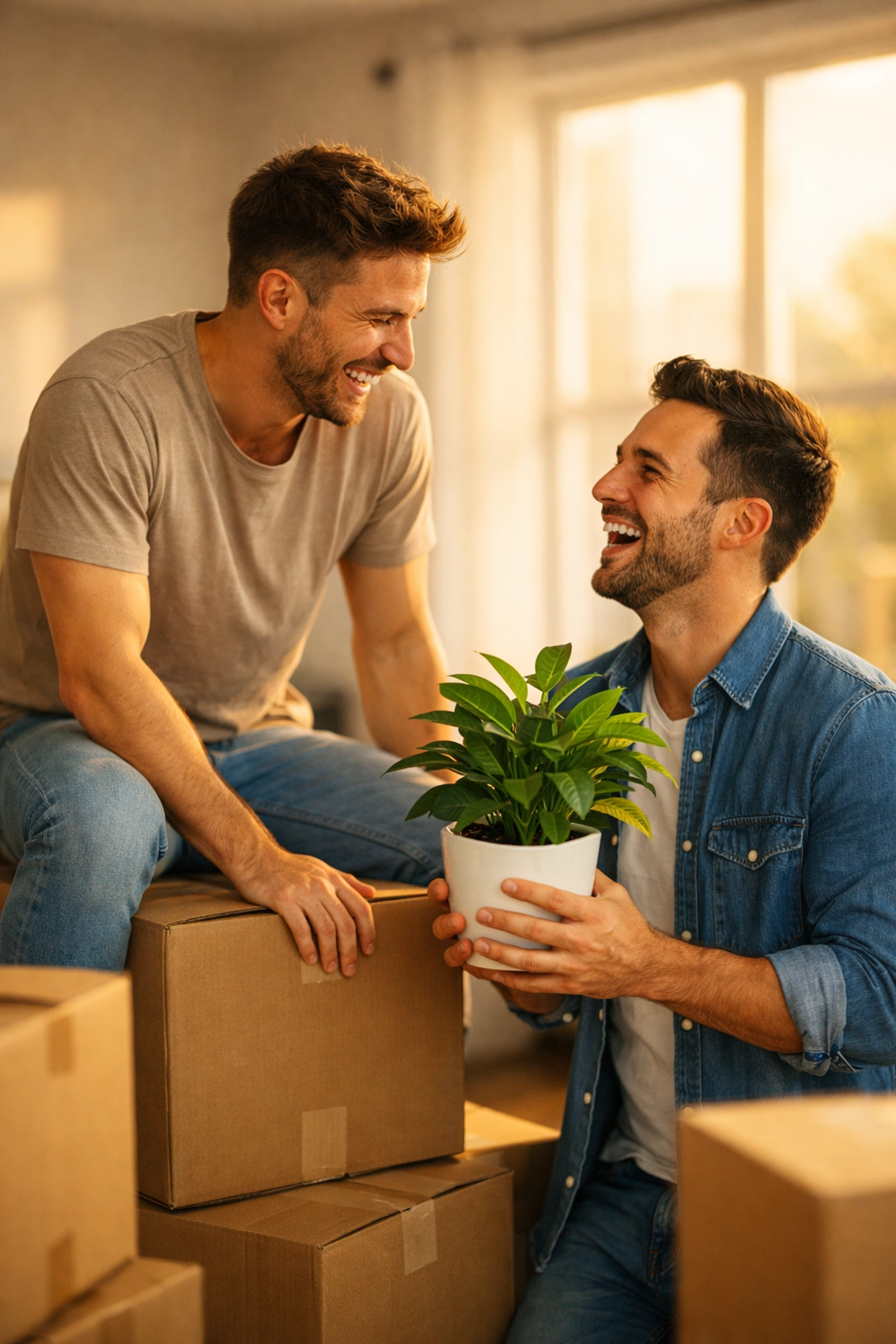 A happy gay couple laughing among moving boxes in their new apartment, illustrating a major queer relationship milestone.
